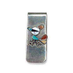 Zuni Coin Silver Native Money Clip Turquoise Onyx Coral Mother Of Pearl Bird